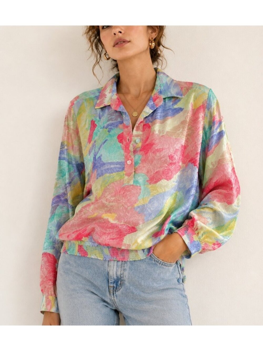 Vintage 80s Karen Fabrikant New York Pastel Abstract Blouson Shirt Size 10